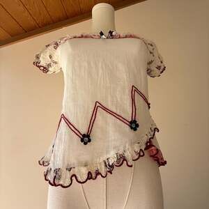 Euro Vintage Y2K Milkmaid Floral Puff Sleeve Ruffle Blouse with Bow & Beads